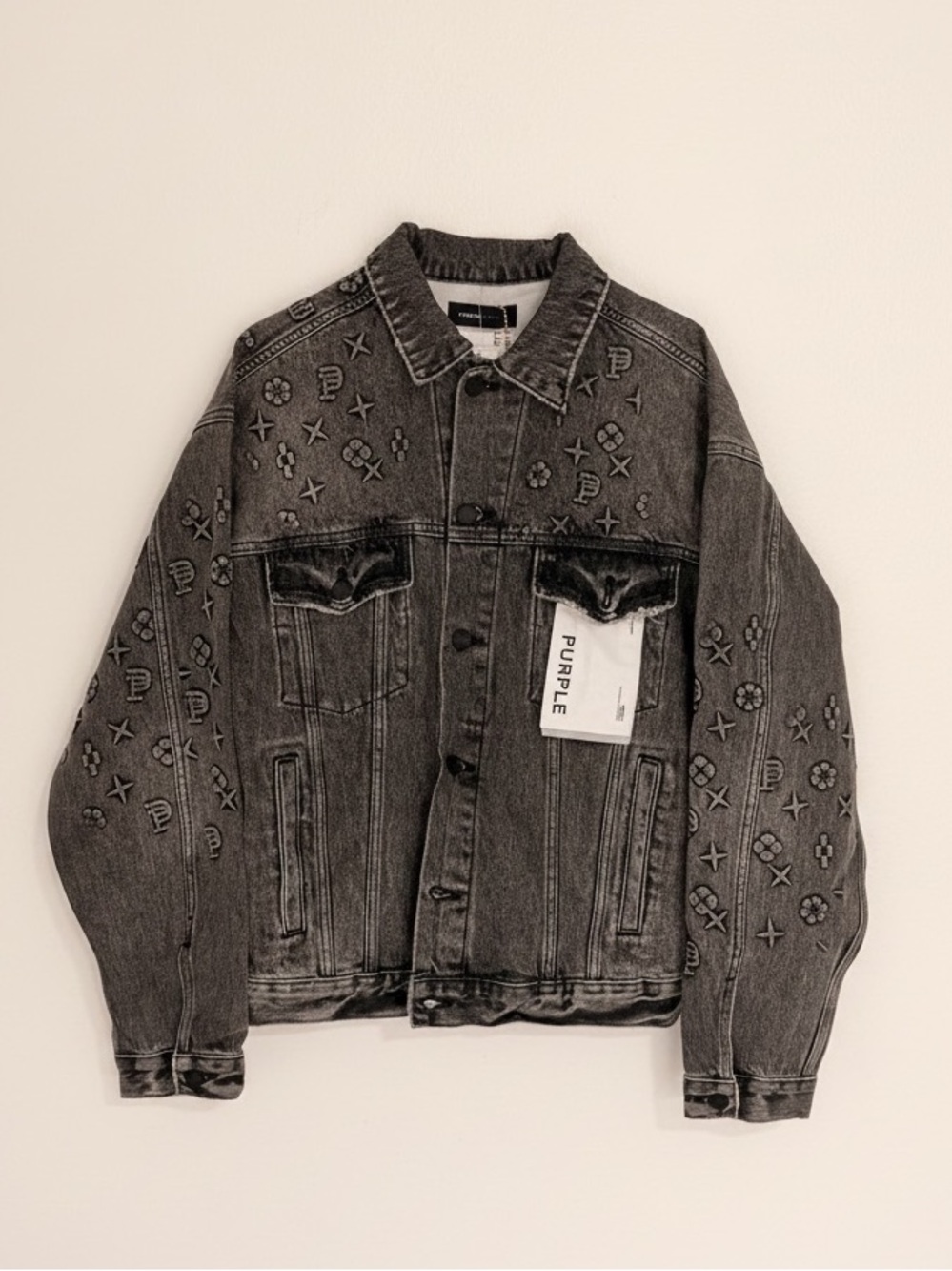 Purple Brand Men's Embroidered Grey Denim Jacket